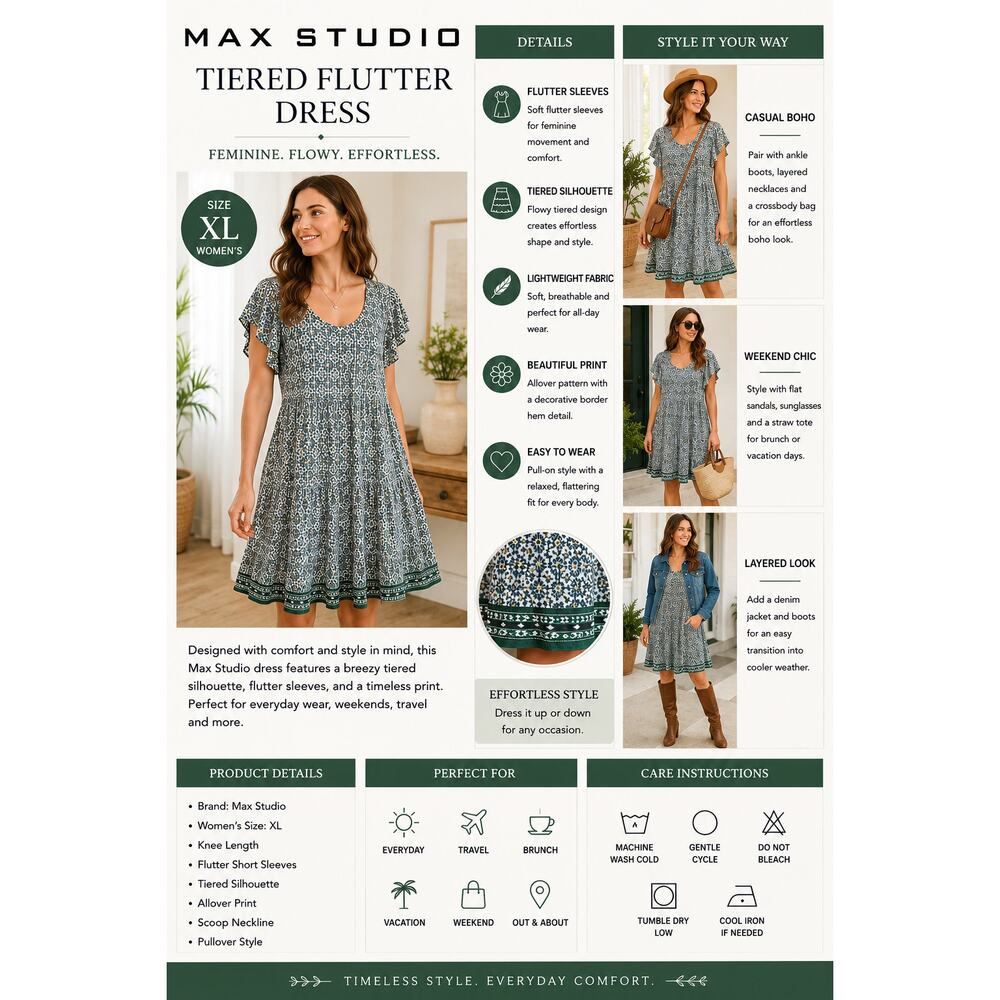 Max Studio Dress SZXL Short Sleeve Flutter Tiered Print Knee Length